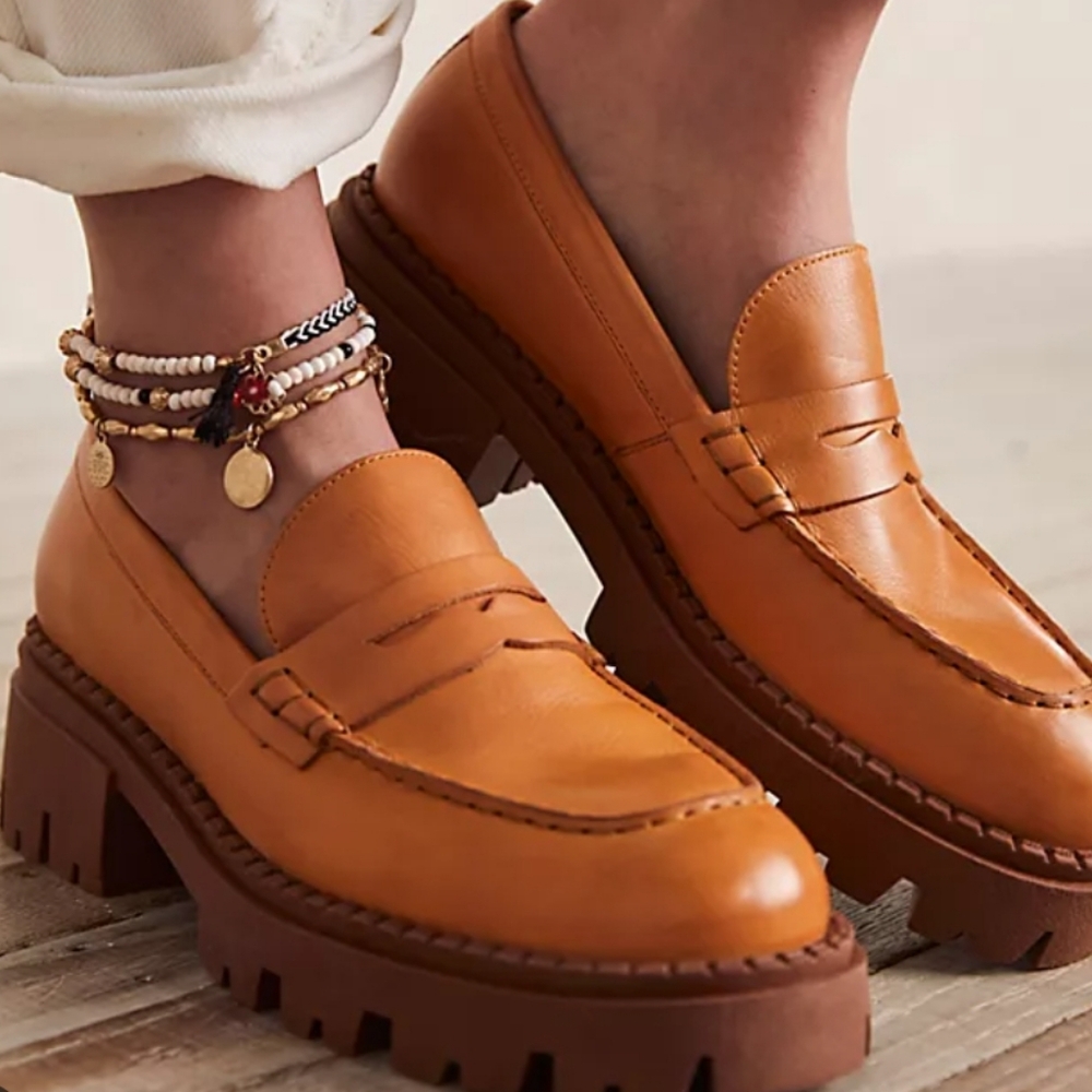 NWOT Free People Lyra Brown Leather Platform Penny Loafer Sz 41 Lug Sole Slip On - Picture 3 of 16